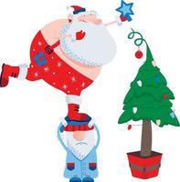 santa and gnome decorate the tree vector