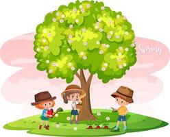 Isolated tree with flowers and children cartoon character vector