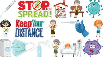 Cartoon character and Coronavirus vaccination isolated objects vector