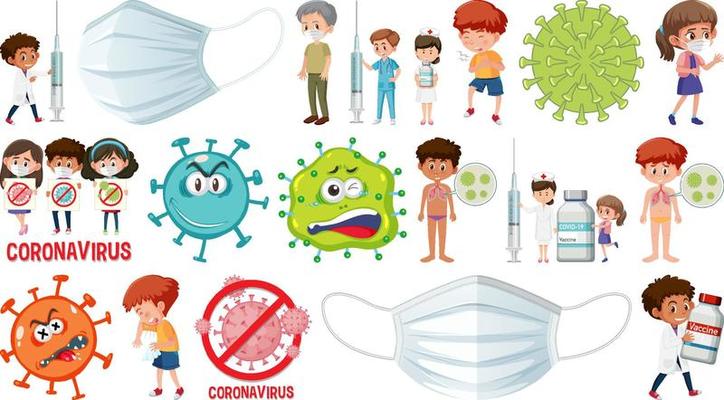 Cartoon character and Coronavirus vaccination isolated objects