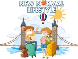 New normal lifestyle logo with couple tourist wearing mask vector