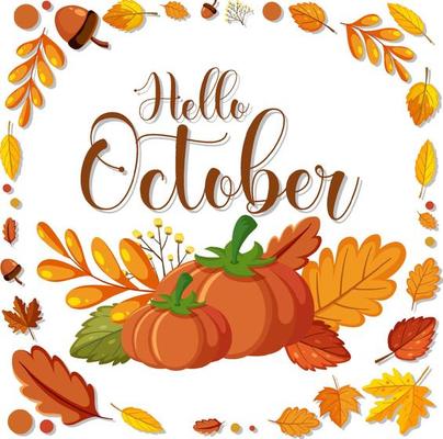 Hello October with ornate of autumn leaves frame