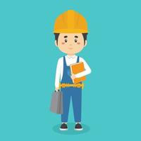 Contruction Worker Character Standing With File and Briefcase vector