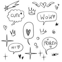 set of Cartoon dialogs cloud with princess elements. Set of think and talk speech bubbles for messages and dialog words. Doodle style clouds, hearts, stars, crowns collection vector