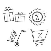 Set of hand drawn gift box icons, such as present, discount, package, price tag. Vector illustration isolated for graphic and web design. doodle