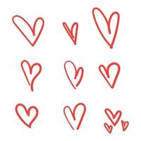 Doodle corazones, colección de corazones de amor dibujados a mano.Color rojo.Aislado vector
