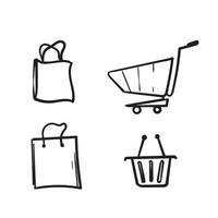 Doodle conjunto de iconos de carro de compras. colección de iconos web para tienda online, desde varios iconos de carro en varias formas. vector