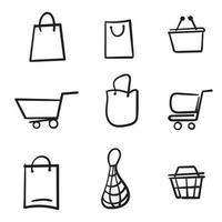 conjunto de iconos de carro de compras dibujados a mano. colección de iconos web para tienda online, desde varios iconos de carro en varias formas. garabatear vector