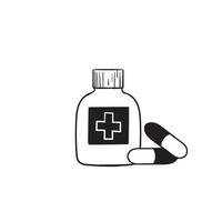 Frasco de medicina dibujado a mano y pastillas. icono blanco y negro. ilustración vectorial doodle vector