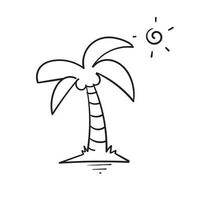 Cocotero dibujado a mano en una pequeña isla con la luz del sol detrás. en vector de estilo doodle