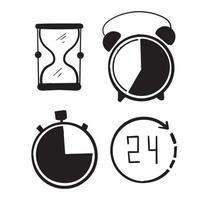 tiempo dibujado a mano y conjunto de reloj. gestión del tiempo. temporizador, velocidad, alarma, restaurar, gestión del tiempo, símbolo garabato vector