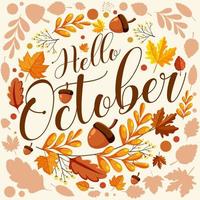 Hello October with ornate of autumn leaves vector