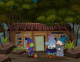 Witch and wizard cooking potion in front of old house in the woods vector