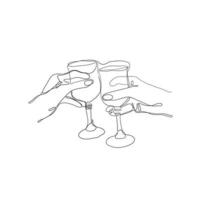 dibujado a mano doodle dibujo continuo de una línea. manos sosteniendo y animando con copas de champán aislado vector