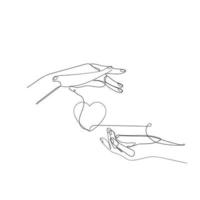 hand drawn doodle hand giving and receiving love illustration in continuous line art style vector