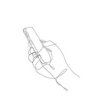 hand holding and using smartphone illustration in continuous line drawing vector