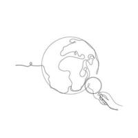 hand drawn continuous line art style globe and magnifying glass illustration icon vector