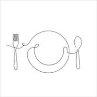 Dibujado a mano doodle tenedor plato y cuchara ilustración en vector de estilo de arte de línea continua