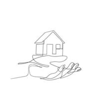 mano dibujada mano sosteniendo la ilustración de la casa en vector de estilo de arte de línea continua aislado
