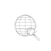 hand drawn continuous line art style globe and magnifying glass illustration icon vector