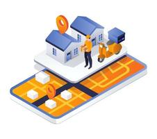 Man finding order delivery location via smartphone gps app vector