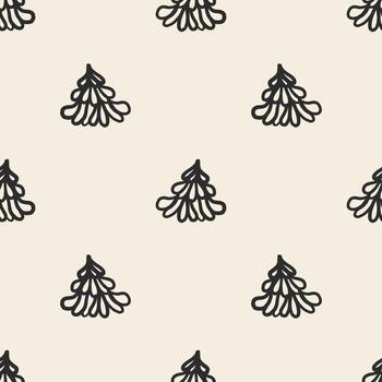 Fondo monocromático simple sin fisuras con el árbol de pino de arte de línea de dibujo a mano vector