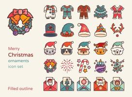 Christmas ornaments and element icon set. Filled outline detailed style vector