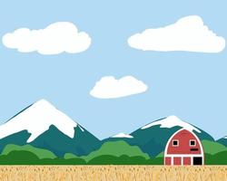 A farm in a field of wheat and mountains in the background vector