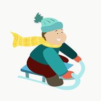 un niño monta un trineo cuesta abajo en invierno vector