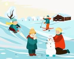 Children play outside in the snow in winter vector