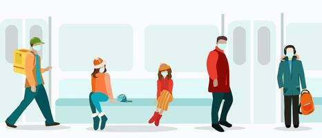 People in masks ride in transport tram or train vector