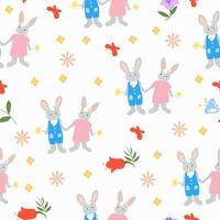 Seamless pattern with two bunnies and flowers vector