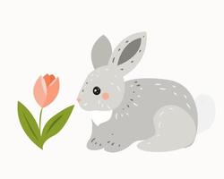 Rabbit in the spring near the tulip vector
