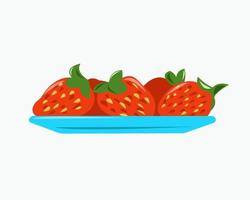 Red ripe strawberries on a blue plate vector