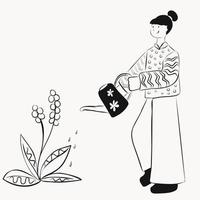 A girl waters flowers from a watering can vector
