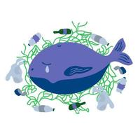 sufriendo ballenas y basura en un océano sucio. cartel ecológico. concepto de protección del medio ambiente. vector