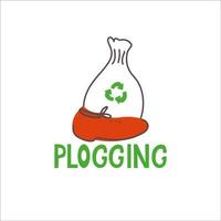 Plogging logo. Illustration and lettering with a red sneaker and a garbage bag. Ecology poster. vector