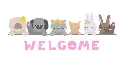 Cat dogs rabbits are welcome. Cute pets with flowers. vector