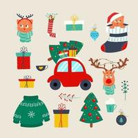 Navidad en estilo plano de dibujos animados. árbol de navidad, regalos, animales divertidos vector