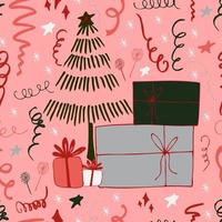 Fondo de Navidad celebración de fiestas vector de patrones sin fisuras árboles de Navidad estilizados con dulces regalos y luces de bengala. papel tapiz para papel de regalo, invitaciones, papel y tarjetas, fondos de sitios web.