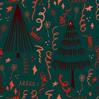 Fondo de Navidad celebración de fiestas vector de patrones sin fisuras árboles de Navidad estilizados con dulces regalos y luces de bengala. papel tapiz para papel de regalo, invitaciones, papel y tarjetas, fondos de sitios web.