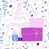 Fondo de Navidad celebración de fiestas vector de patrones sin fisuras árboles de Navidad estilizados con dulces regalos y luces de bengala. papel tapiz para papel de regalo, invitaciones, papel y tarjetas, fondos de sitios web.