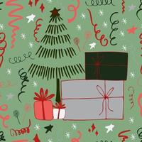 Fondo de Navidad celebración de fiestas vector de patrones sin fisuras árboles de Navidad estilizados con dulces regalos y luces de bengala. papel tapiz para papel de regalo, invitaciones, papel y tarjetas, fondos de sitios web.