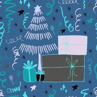 Fondo de Navidad celebración de fiestas vector de patrones sin fisuras árboles de Navidad estilizados con dulces regalos y luces de bengala. papel tapiz para papel de regalo, invitaciones, papel y tarjetas, fondos de sitios web.