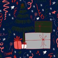 Fondo de Navidad celebración de fiestas vector de patrones sin fisuras árboles de Navidad estilizados con dulces regalos y luces de bengala. papel tapiz para papel de regalo, invitaciones, papel y tarjetas, fondos de sitios web.