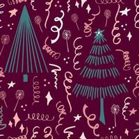 Christmas background party celebration vector seamless pattern stylized Christmas trees with candy gifts and sparklers. Wallpaper for wrapping paper, invitations, paper and cards, website backgrounds.