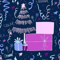 Fondo de Navidad celebración de fiestas vector de patrones sin fisuras árboles de Navidad estilizados con dulces regalos y luces de bengala. papel tapiz para papel de regalo, invitaciones, papel y tarjetas, fondos de sitios web.