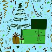 Fondo de Navidad celebración de fiestas vector de patrones sin fisuras árboles de Navidad estilizados con dulces regalos y luces de bengala. papel tapiz para papel de regalo, invitaciones, papel y tarjetas, fondos de sitios web.