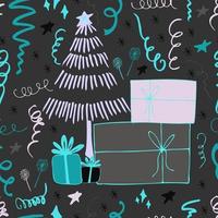 Fondo de Navidad celebración de fiestas vector de patrones sin fisuras árboles de Navidad estilizados con dulces regalos y luces de bengala. papel tapiz para papel de regalo, invitaciones, papel y tarjetas, fondos de sitios web.