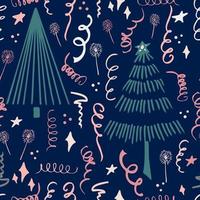 Christmas background party celebration vector seamless pattern stylized Christmas trees with candy gifts and sparklers. Wallpaper for wrapping paper, invitations, paper and cards, website backgrounds.